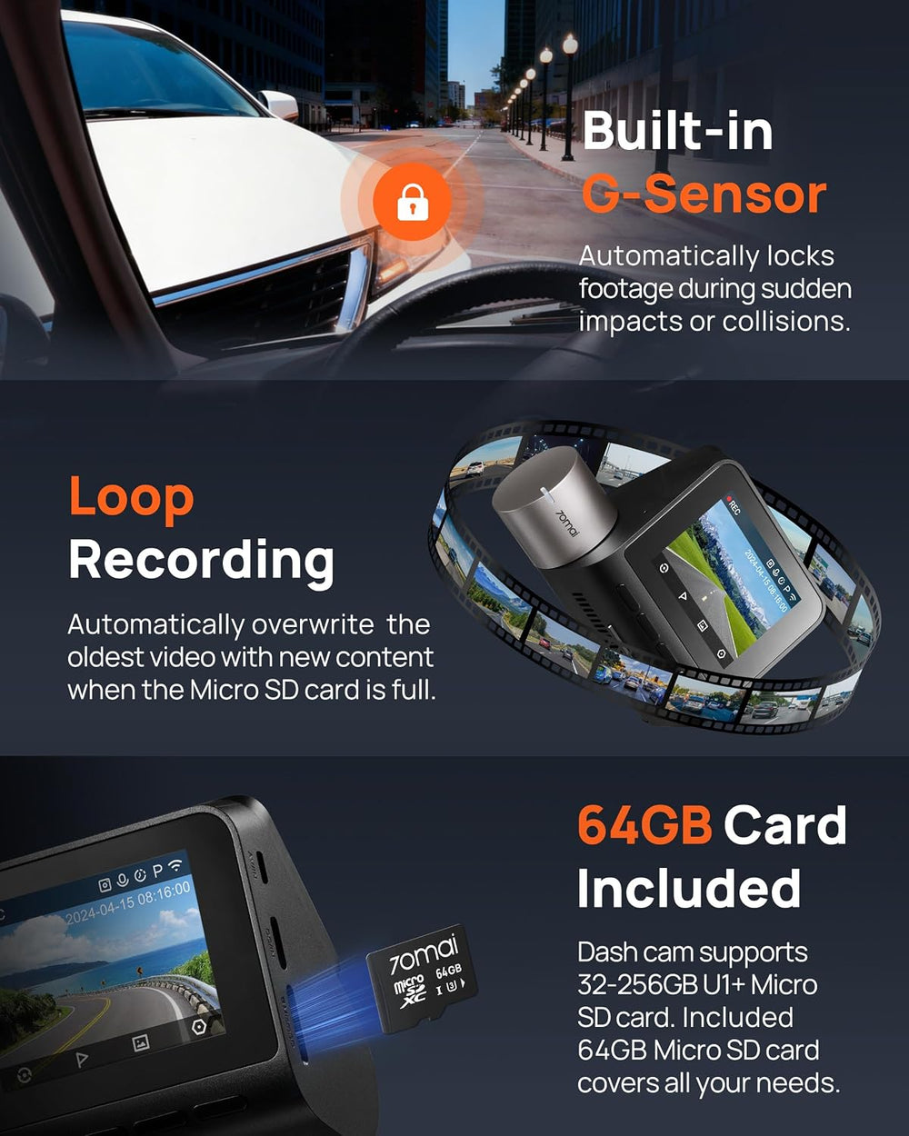 70mai 2.7K Dash Cam Front and Rear, IMX675 and 64GB Card, ,WiFi GPS