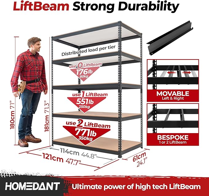 HOMEDANT 5 Tier Laminated Boltless Heavy Duty Garage Storage Adjustable Wide