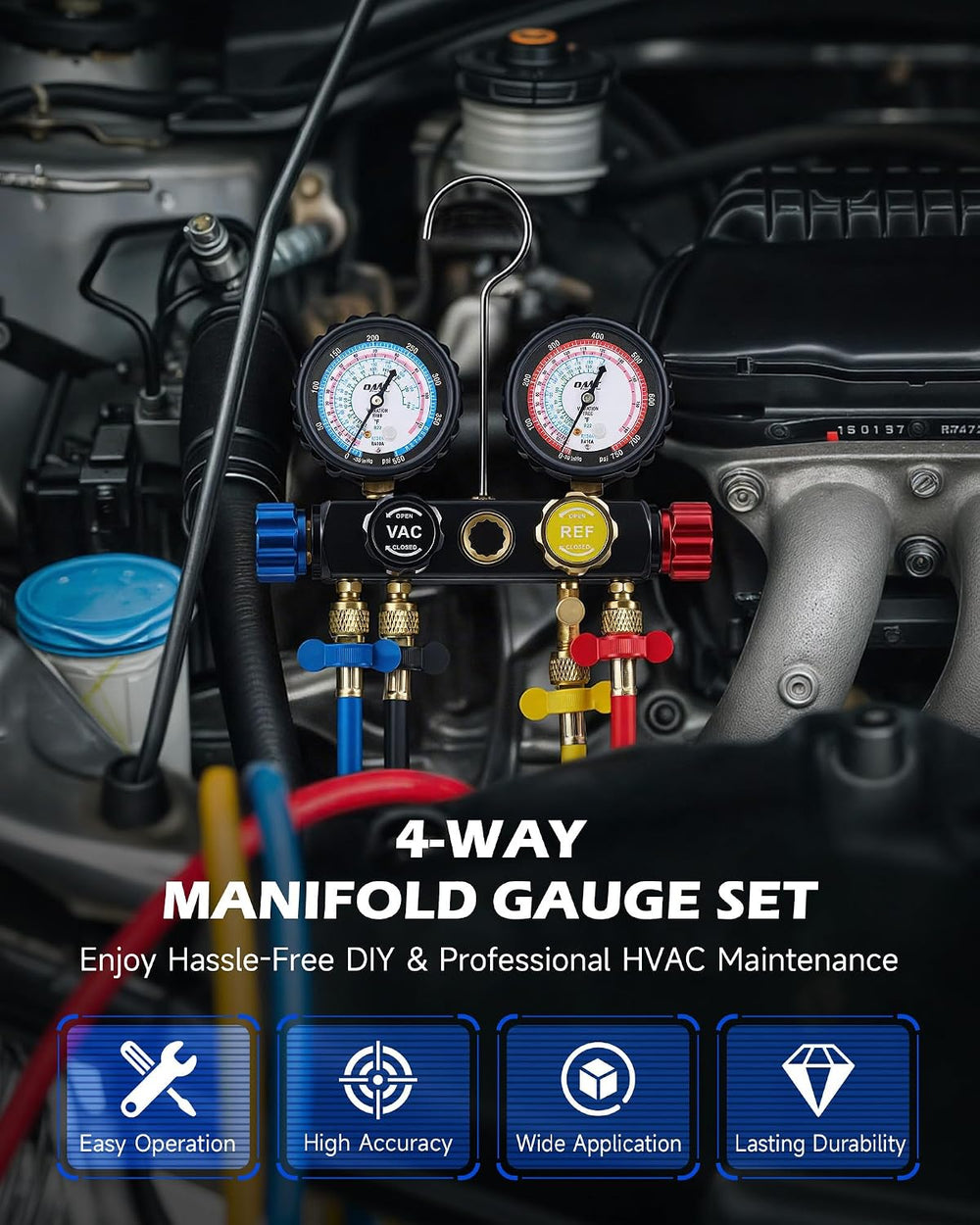 OMT 4 Way Automotive AC Diagnostic Manifold Gauge Set For R134a R410a R22