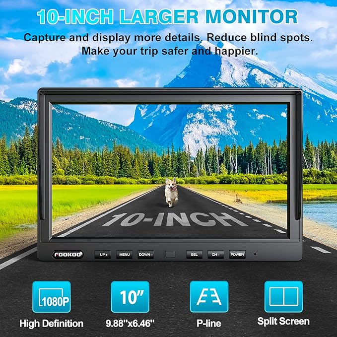 Fookoo HD 10" Wireless Backup Camera System, 1080P 10-inch Quad Split Mo...