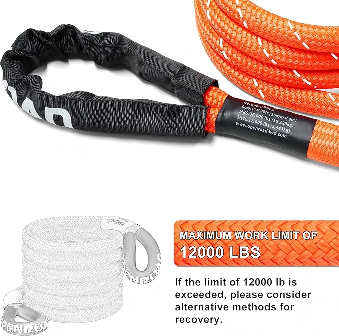 OPENROAD Kinetic Recovery Tow Rope, 36000 Lbs Extreme Duty 35% Elasticity