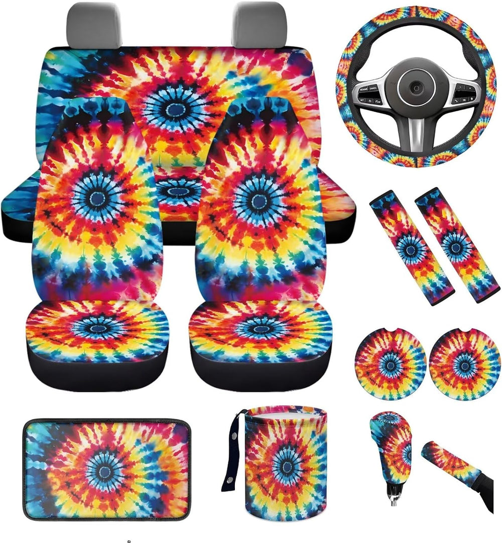 Tie Dye Car Seat Cover Set 13 Pcs Hippie Tie Dye Print Car Interior Accessori...
