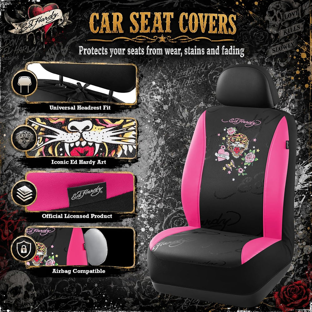 ED HARDY Tiger Print Car Seat Covers, Hot Pink Premium Leather Front Seat Cov...