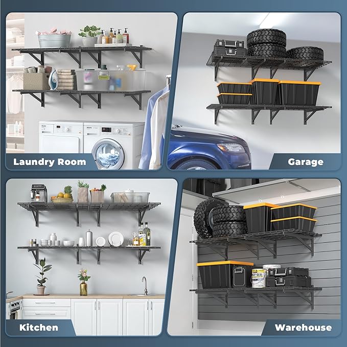 4 Pack Heavy Duty Garage Wall Shelving Set, Wall Mounted Garage Shelves 1000lbs