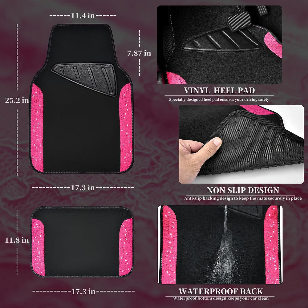CAR PASS Universal Leather Pink Lace Car Seat Covers Full Set for Women Girls...
