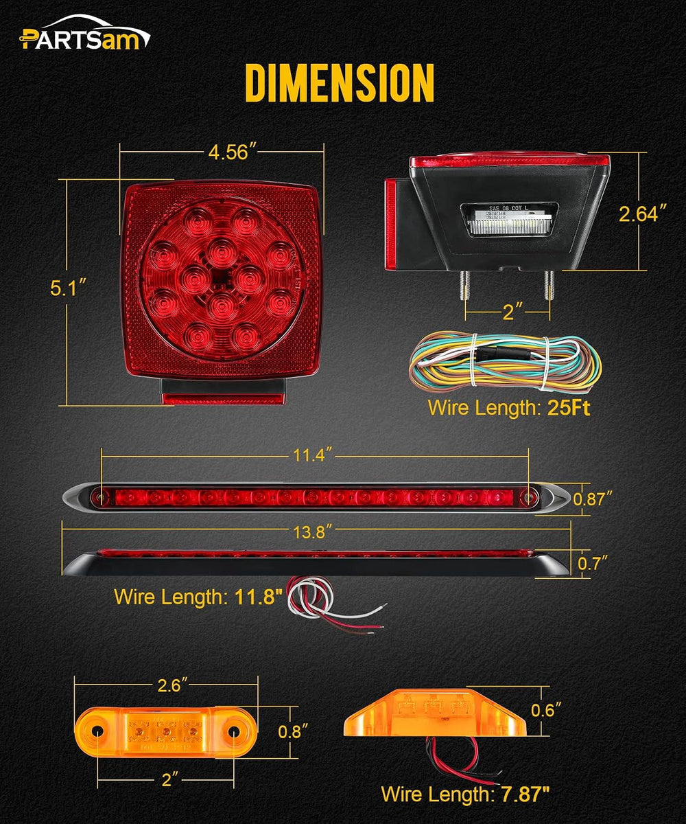 Partsam Submersible LED Trailer Tail Light Kit, Square Trailer Lights+Light B...
