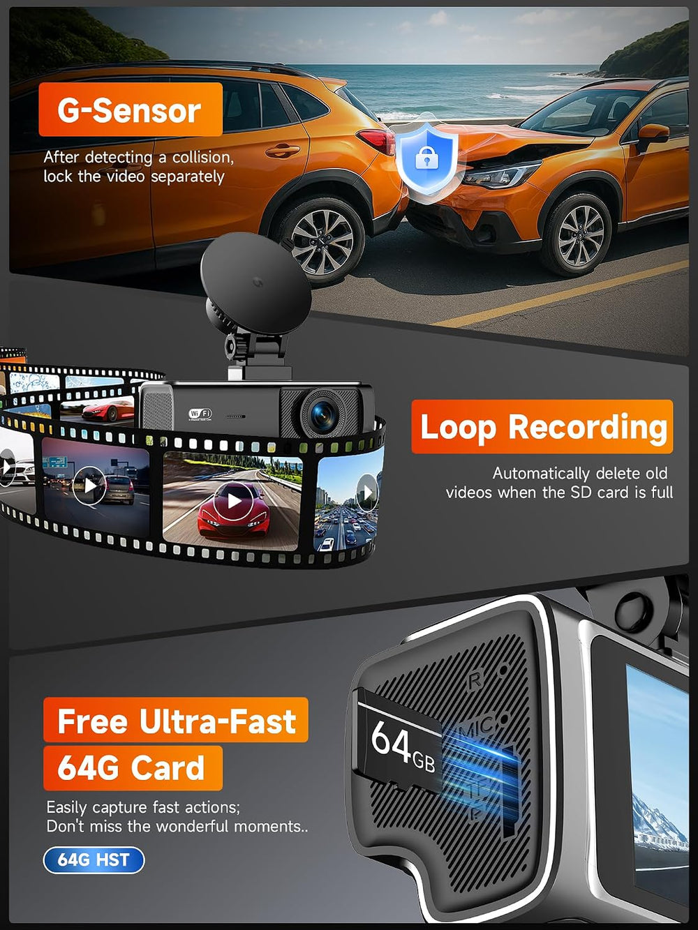 3 Channel Dash Cam Front and Rear Inside, 2.5K Front Cabin Recorder with Supe...