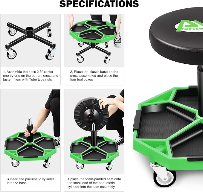 PM PERFORMOTOR Adjustable Height Pneumatic Garage Seat Rolling Mechanic Stool