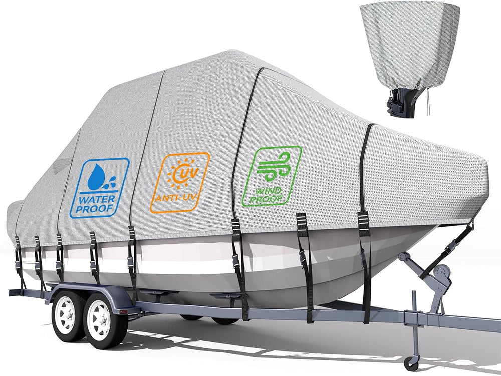 5-ply 1200D T-Top Center Console Boat Cover with Mortor Cover, 19'-21'