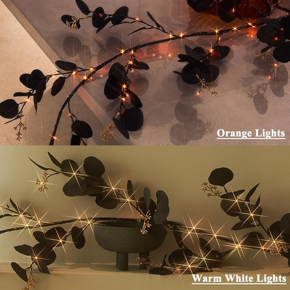 Hairui Lighted Black Eucalyptus Garland with Timer 96 LED Orange and Warm Whi...