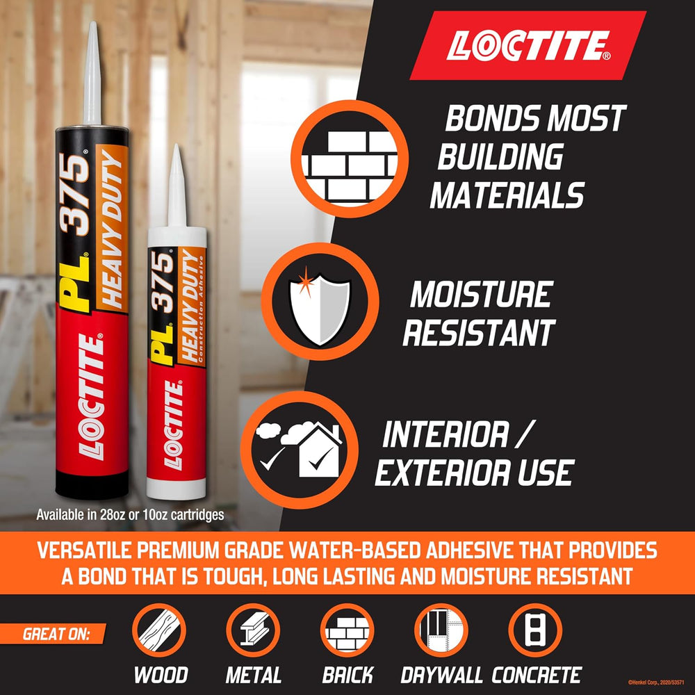 Loctite PL375 VOC Heavy Duty Construction Adhesive, 10 fl oz, Cartridge (12 P...