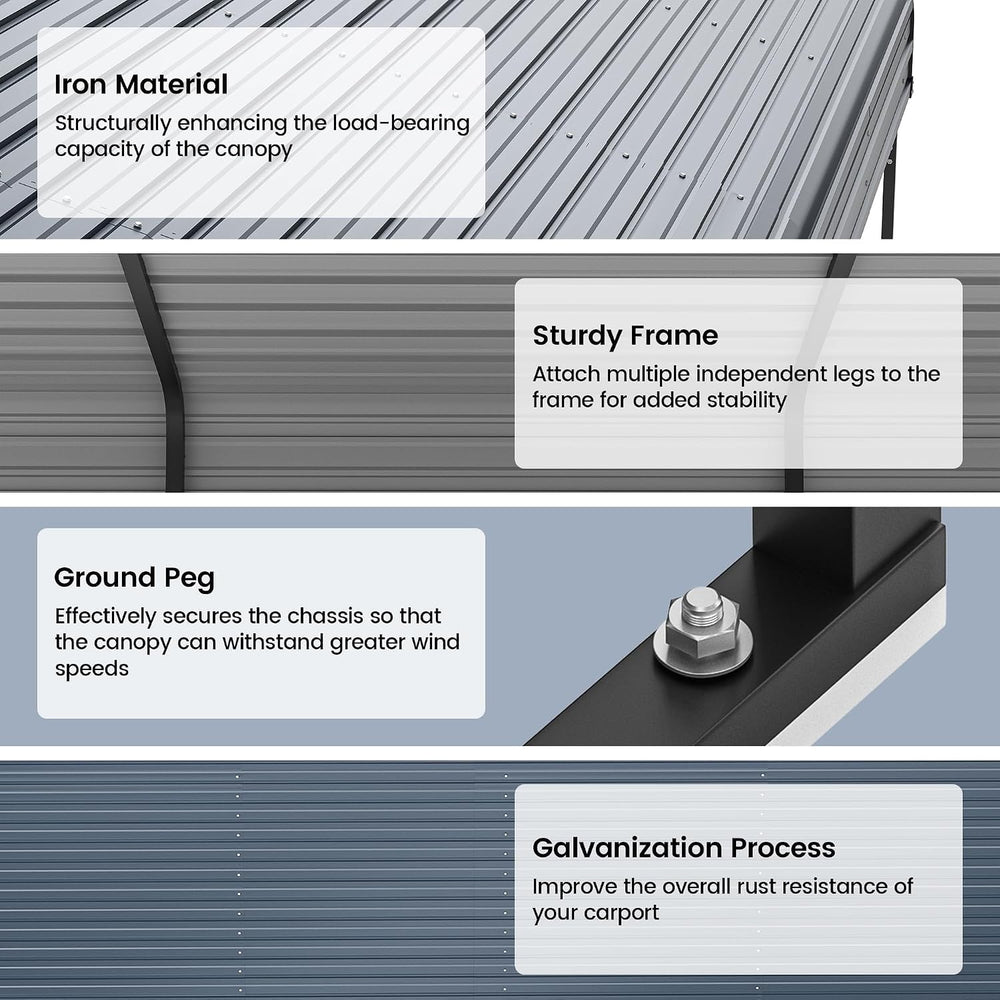 12x20FT Heavy Duty Metal Carport with Removable Sidewalls & Doors, Gray