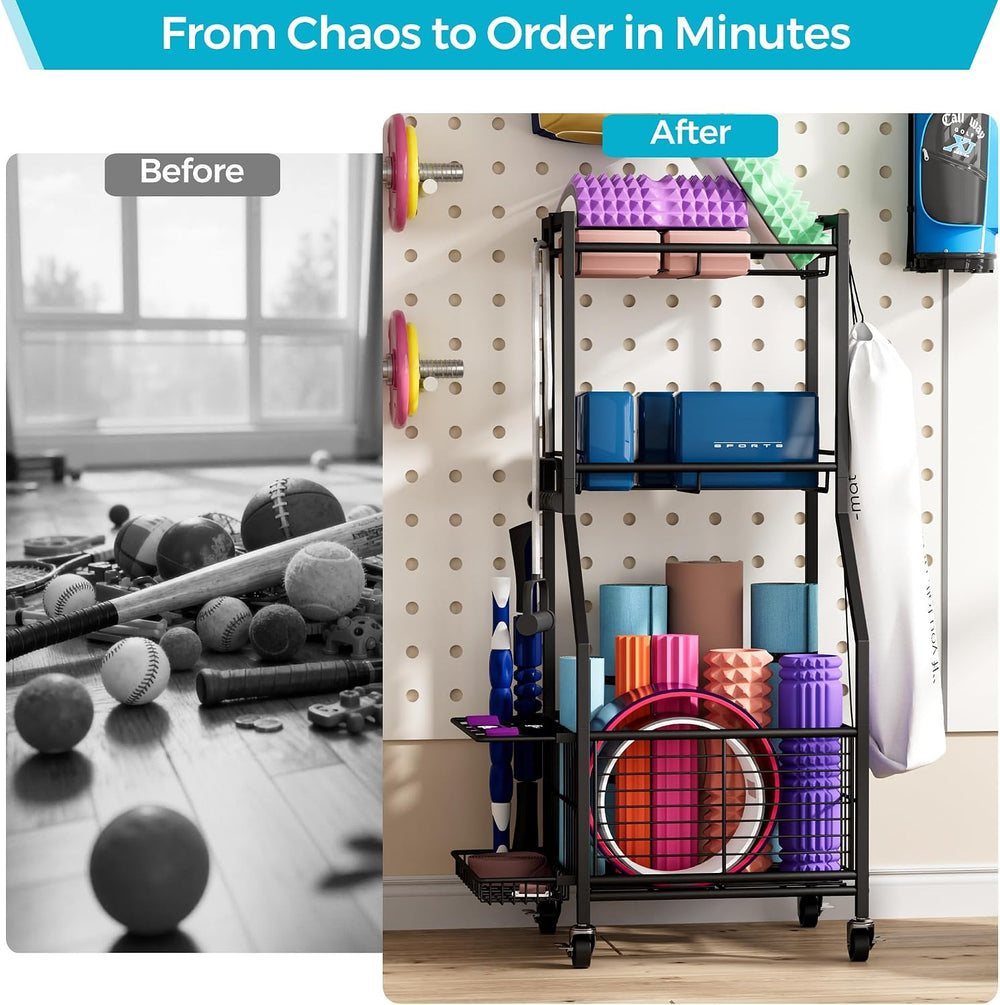Sports Equipment Storage Rack with Wheels, 3-Tier Ball Organizer