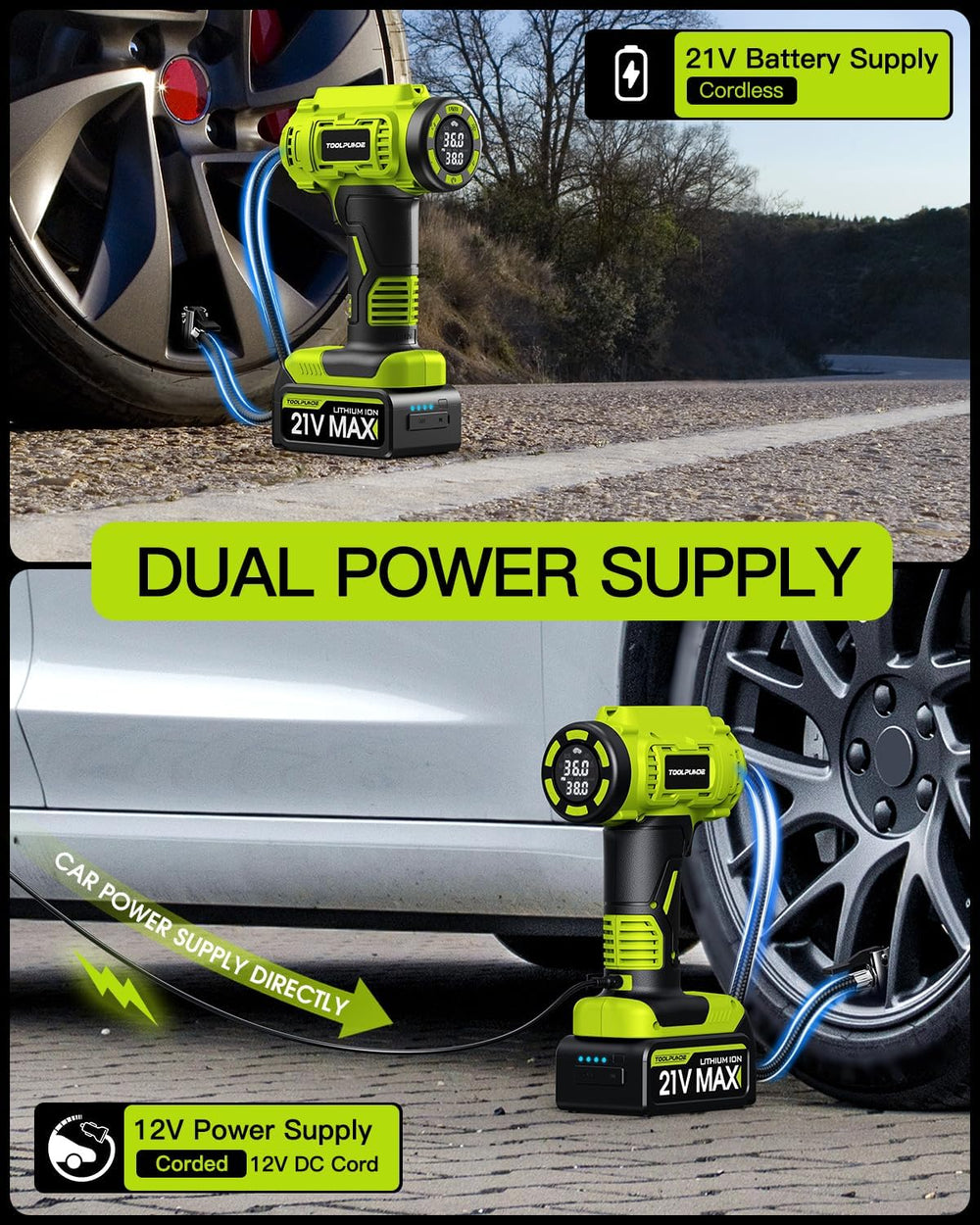 Upgraded Tire Inflator Portable Air Compressor, 5X Faster Inflation, 21V Rech...
