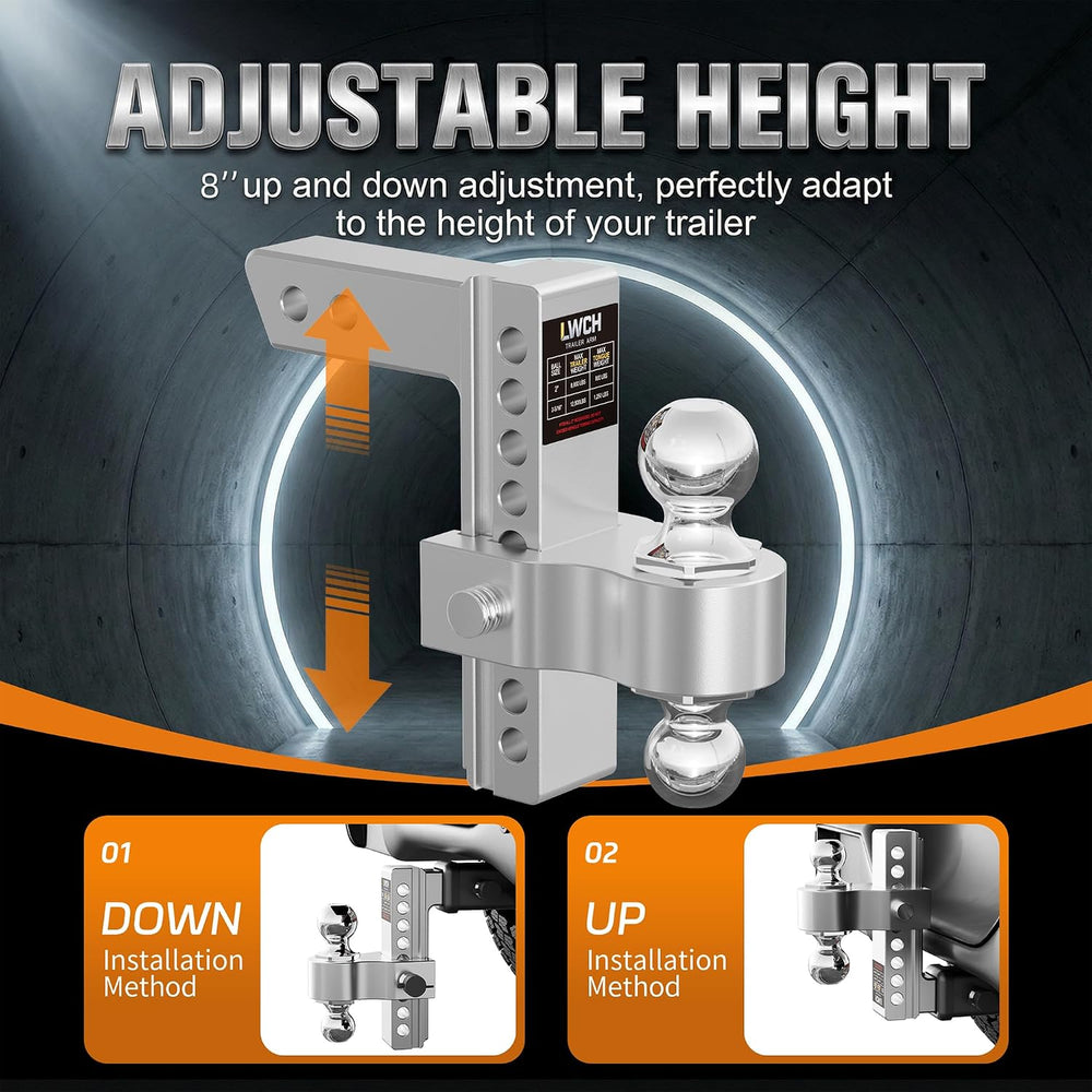 Adjustable Trailer Hitch for 2 Inch Receiver, 8 Inch Drop/Rise
