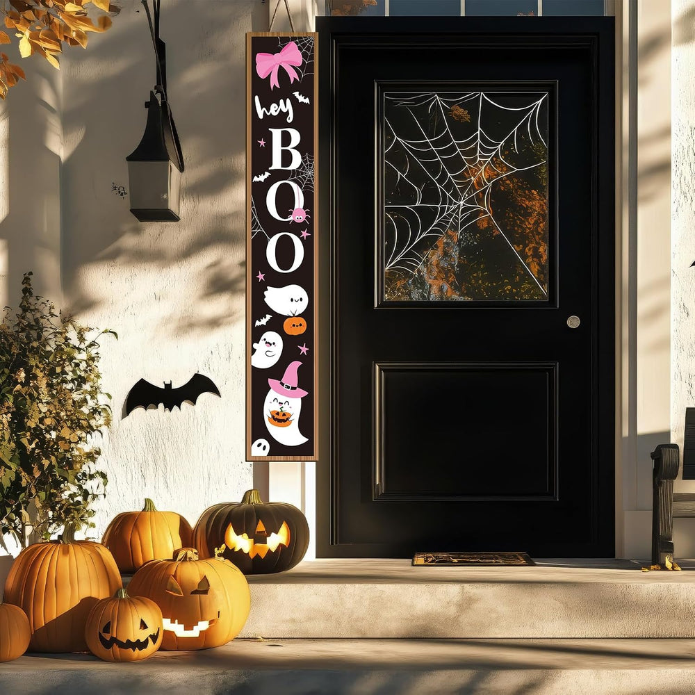 Pink Halloween Porch Sign Boo Ghost with Bow Halloween Outdoor Decor, 47"