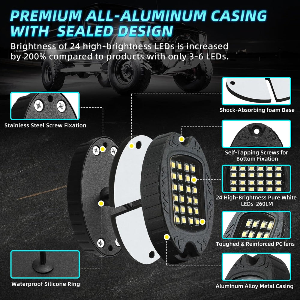 20Pods Metal All Pure White LED Rock Lights Full Kit Plug and Play&Pre Wi...