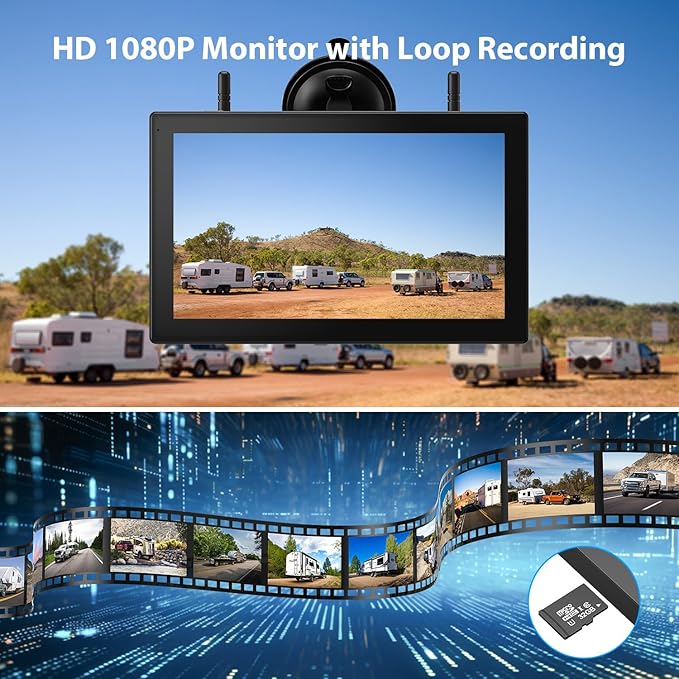 3 Magnetic Solar Wireless Backup Camera HD1080P Loop Recording 10.1 Inch