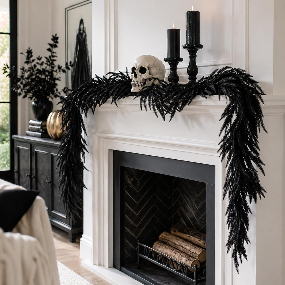 2 Pcs 6ft Black Halloween Norfolk Pine Garland,Vine Twig Mantle Decoration