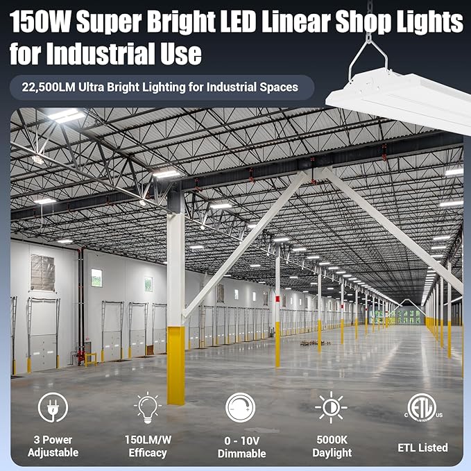High Bay LED Shop Light 1.35FT 150W 22500LM 0-10V Dimmable 5000K Daylight