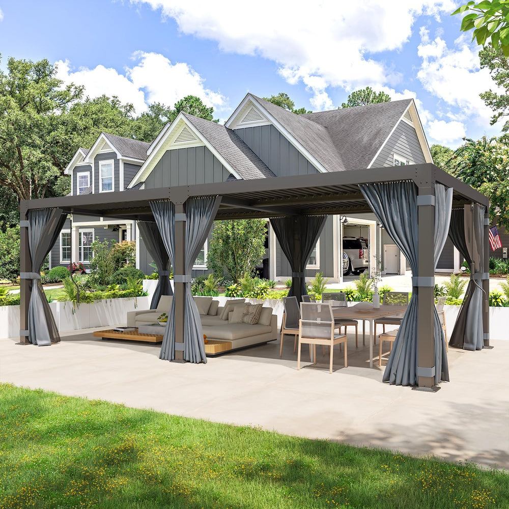 10x20 Louvered Pergola Adjustable Roof w/Curtains & Mesh