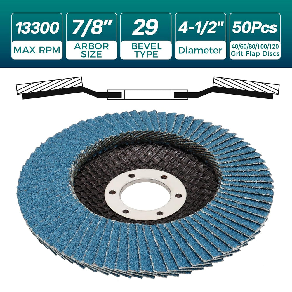 50 Pack Flap Discs 4-1/2" for Angle Grinder, 7/8" Arbor