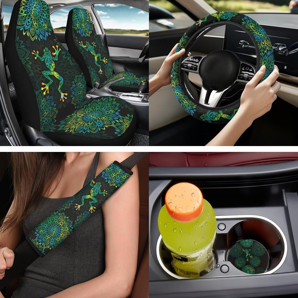 Bulopur Boho Floral Frog Vehicle Seat Covers Full Set with Matching Car Steer...