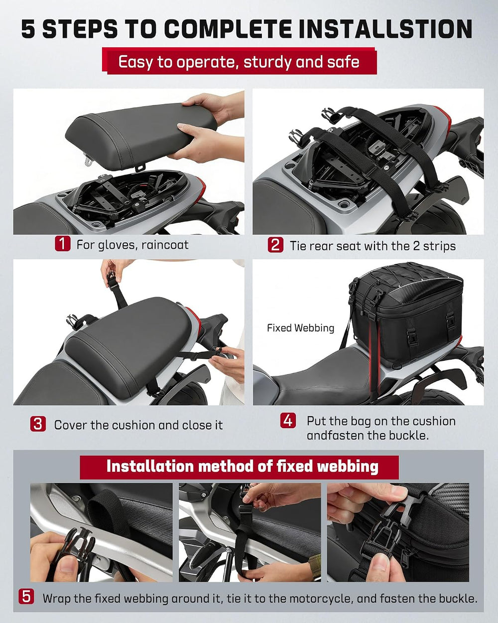 RAINSMORE Motorcycle Tail Bag 22-34L Expandable Motorcycle Rear Seat Bag