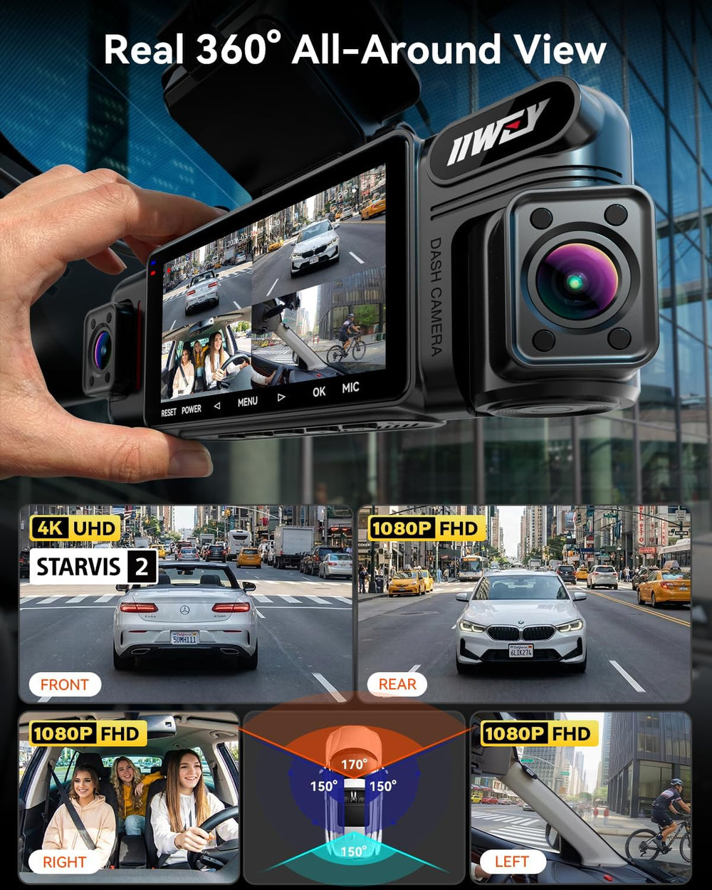 IIWEY N6 PRO 4K STARVIS 2 4-Channel Dash Cam 360° View, Free 128GB Card