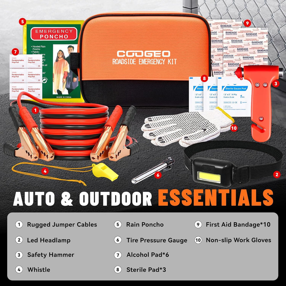 COOGEO Roadside Emergency Car Kit with Jumper Cables, Car Accessories for Men...