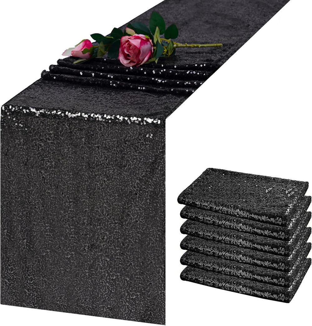 6 Pack Black Sequin Table Runner 12x108 Inch, High Density Sparkly Glitter Ta...