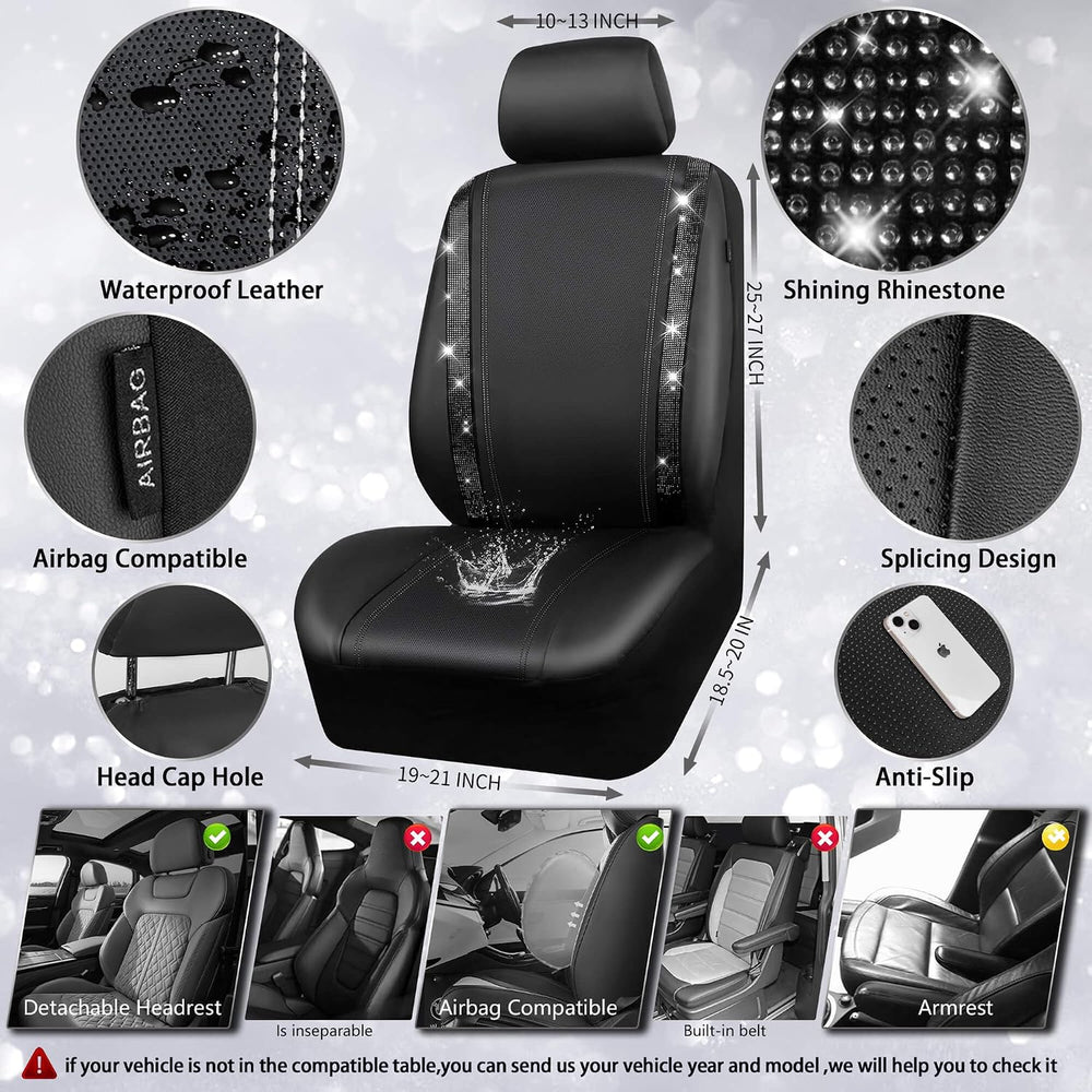 CAR PASS Leather Bling Diamond Car Seat Covers Full Set, Shining Rhinestone W...