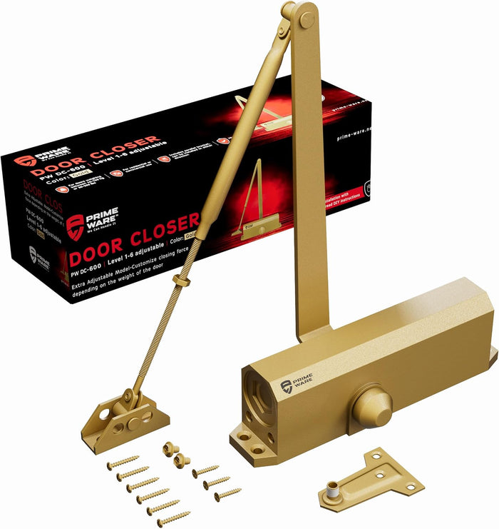 PrimeWare DC-600 Adjustable Automatic Door Closers for Home | Soft Close, No Slam | Residential and Commercial Door Closer | Level 1-6 | for Doors Weighing 30-300 lbs | Hydraulic Door Spring - Gold
