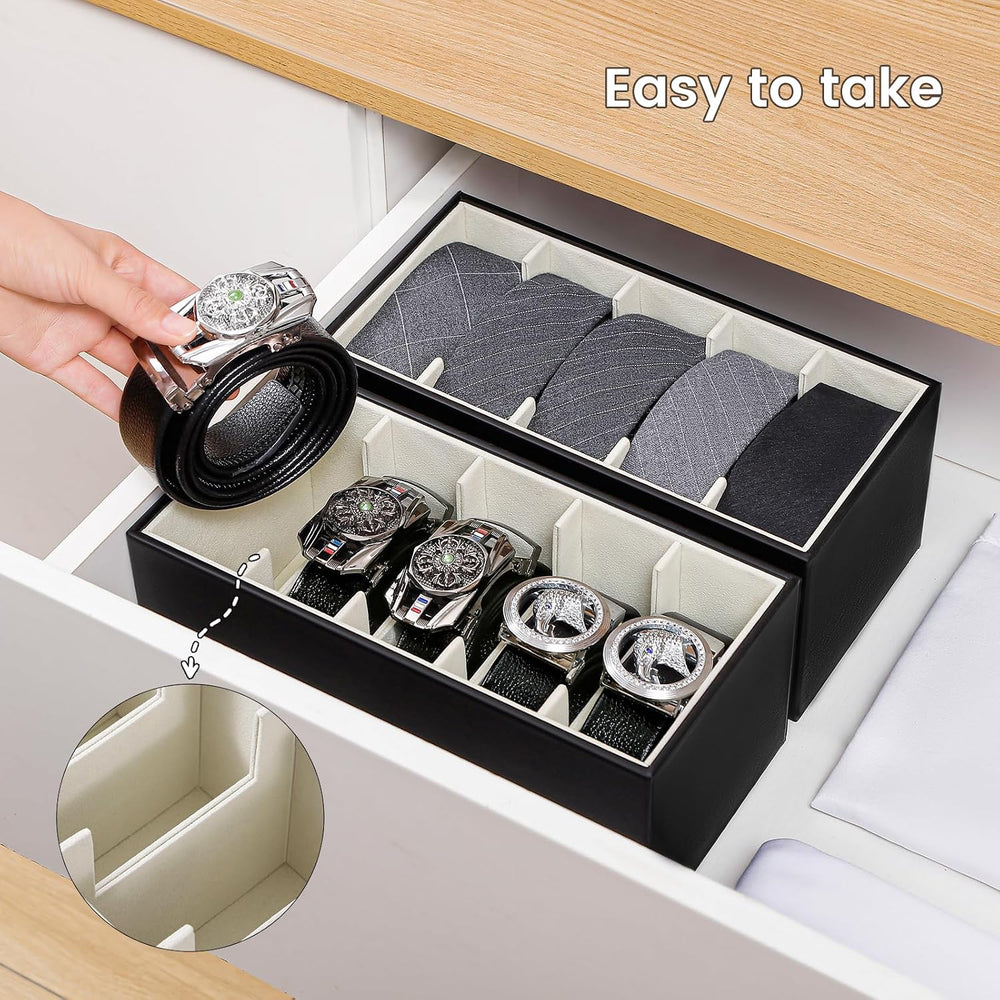2 Packs Leathers Belt Organizer for Closet and Drawer, Stackable 5 Grids Dres...