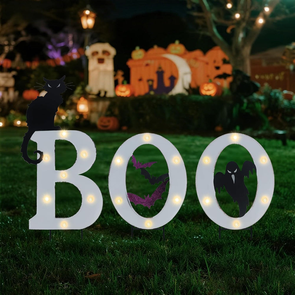 Prsildan 3 Pack Halloween Decorations Outdoor Solar Lighted Boo Yard Sign