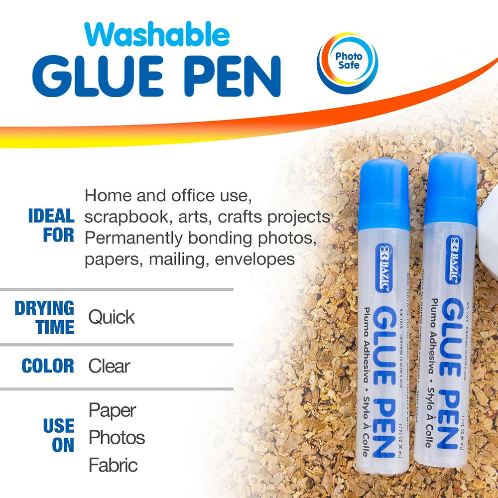 BAZIC Products Clear Glue Pen, 1.7 Fl Oz, Acid-Free, 2 Count, 24-Box