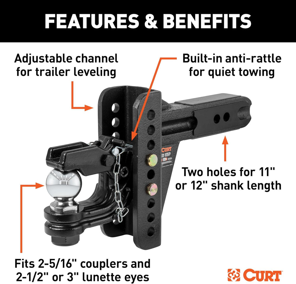 CURT 45908 Adjustable Ball and Pintle Channel Mount, 2-1/2" Shank, 20K