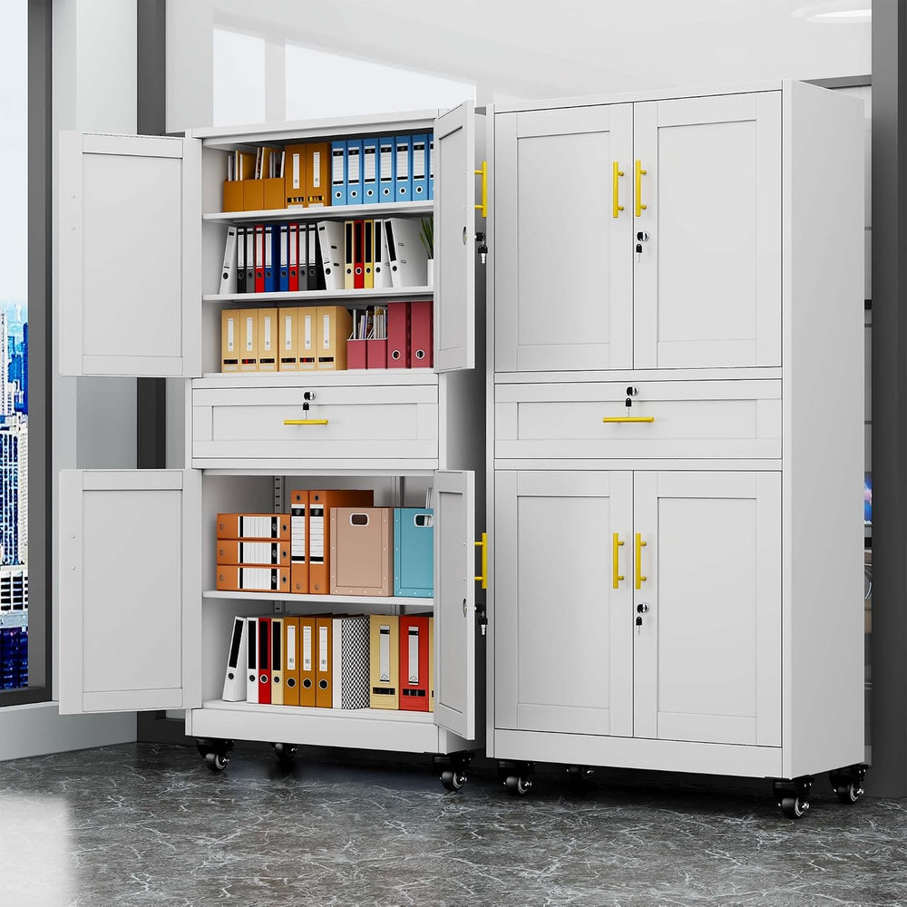 74" White Lockable Rolling Metal Garage Storage Cabinet