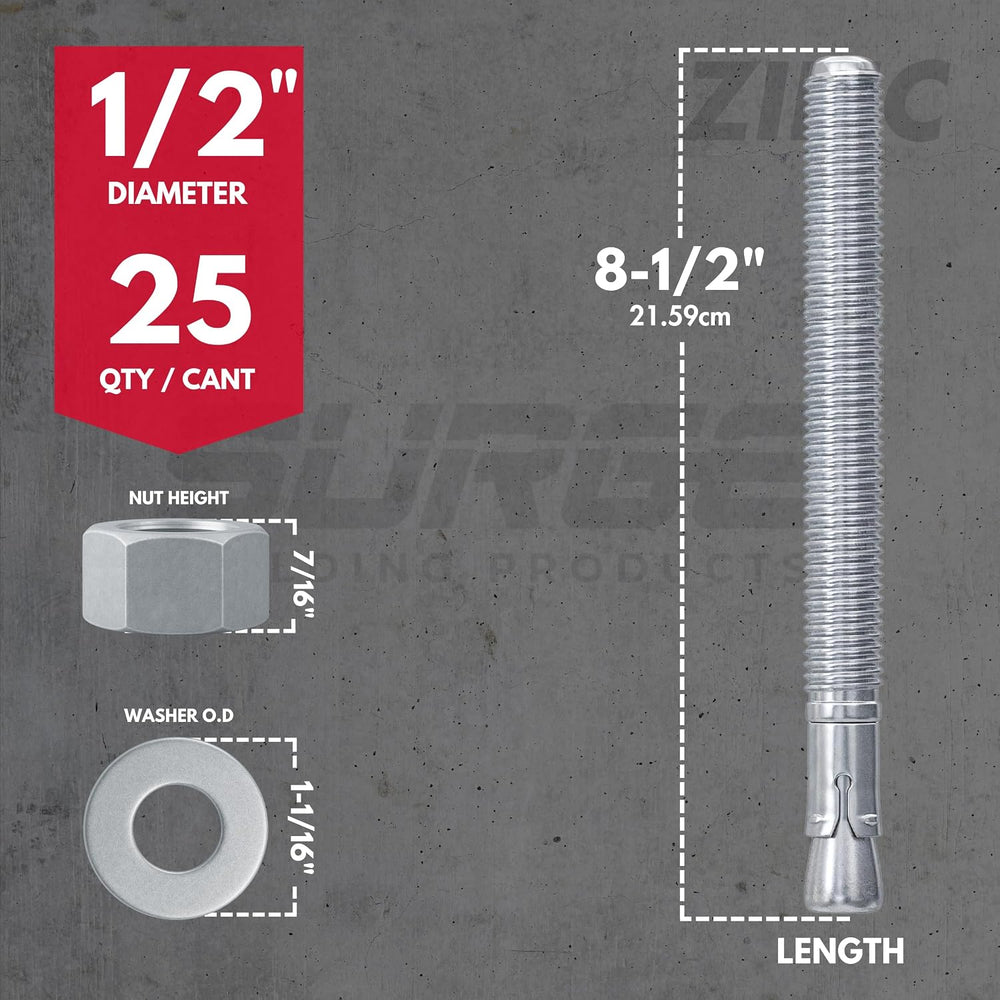 1/2" x 8-1/2" Zinc-Plated Wedge Anchors for Concrete & Cement (...