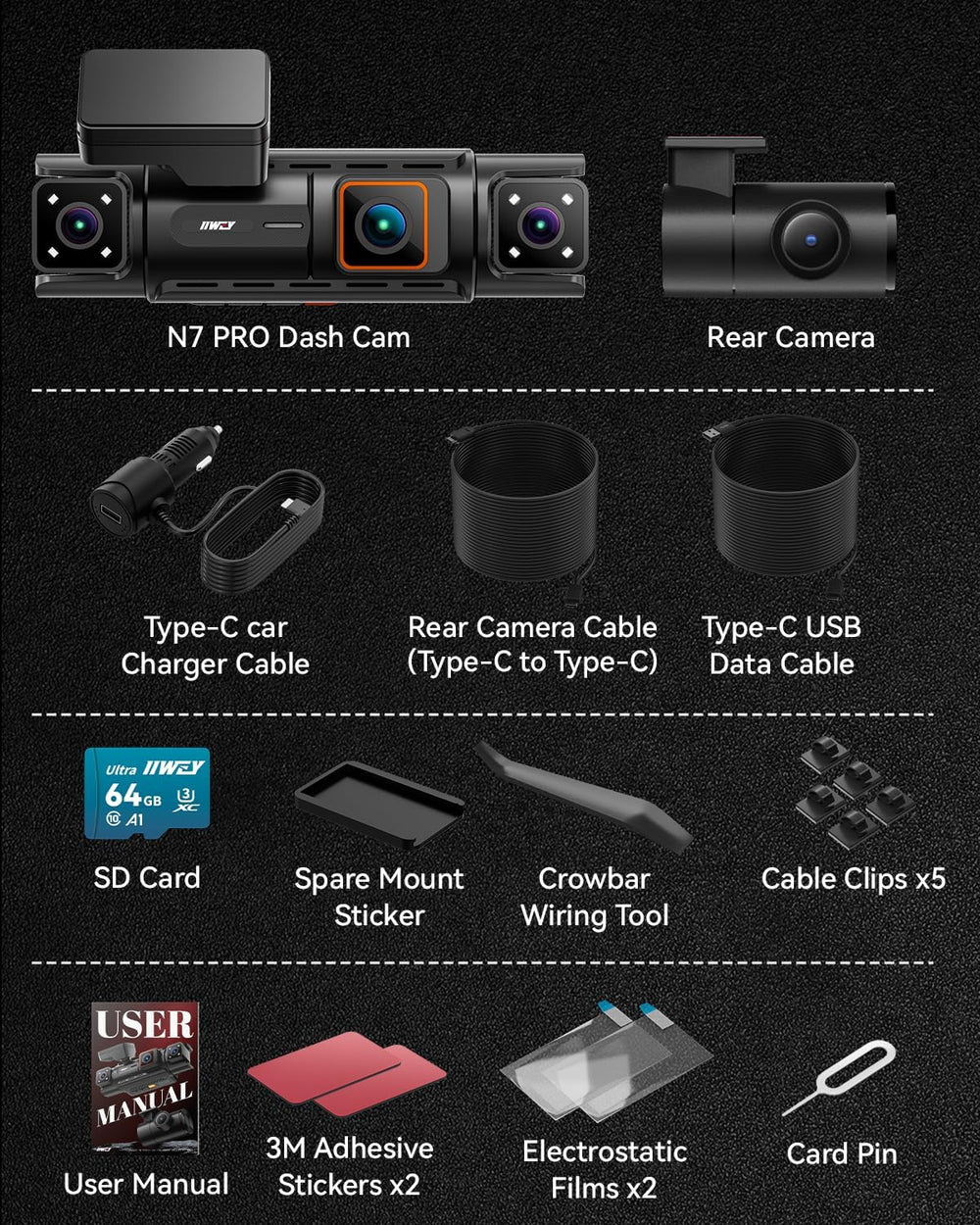 IIWEY N7 PRO 4K STARVIS 4-Channel Dash Cam 360° View, 8-IR Night Vision