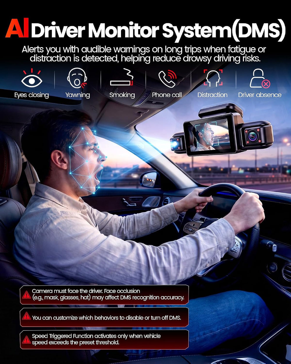 AI 5 Channel Telephoto Dash Cam Front and Rear, 4K 360° Camera Car