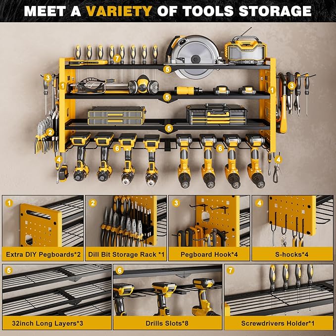 Power Tool Organizer Wall Mount, Cordless Drill Organizer, 4 Layers Large