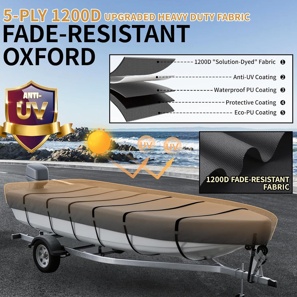 Jon Boat Cover for 10-12ft V-Bow, 1200D 5-Layer Waterproof Oxford Fabric, Hea...
