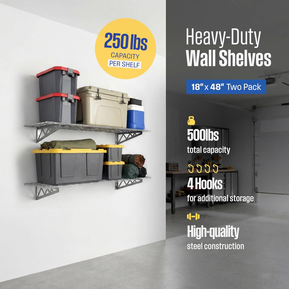 SafeRacks 2-Pack 18x48 Steel Garage Wall Shelf with Hooks, Hammertone