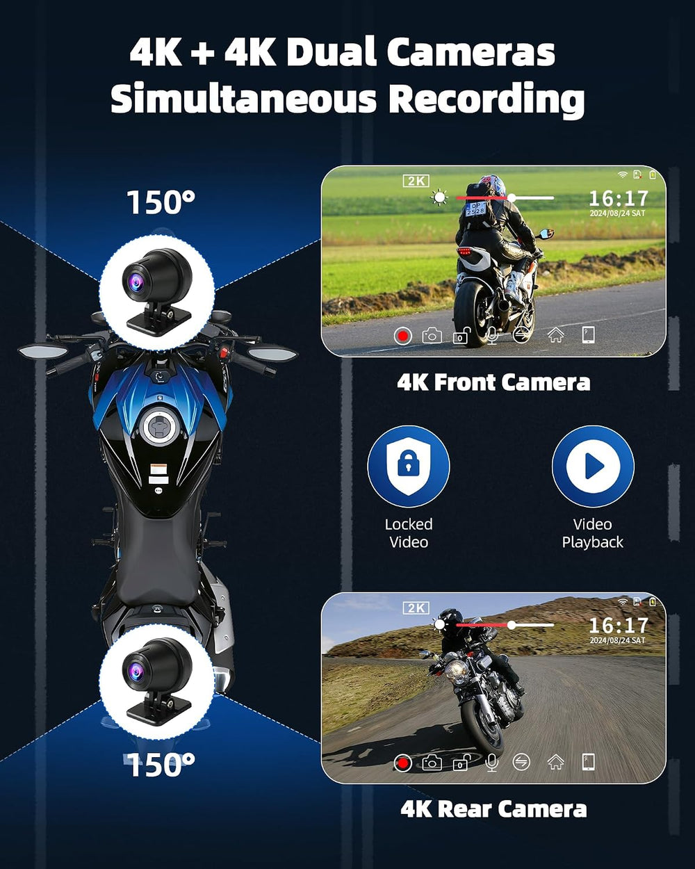 7" Motorcycle Carplay w Dual 4K Dash Camera Wireless Apple Carplay