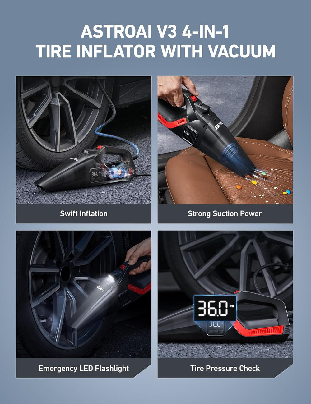 AstroAI 4-in-1 V3 12VDC 16.4FT High Power Handheld Car Vacuum&Tire Inflator