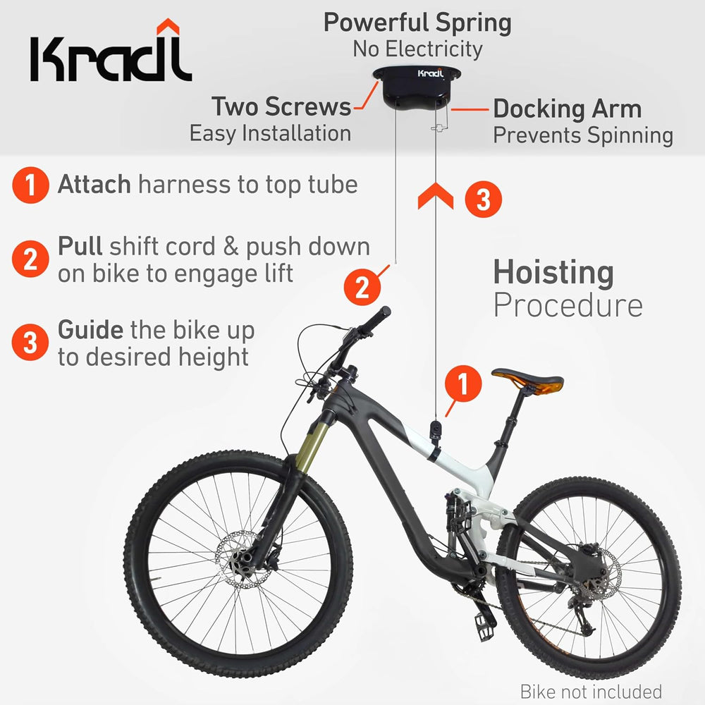 Kradl - Spring-Powered Ceiling Bike Hoist and Rack for Effortless Storage