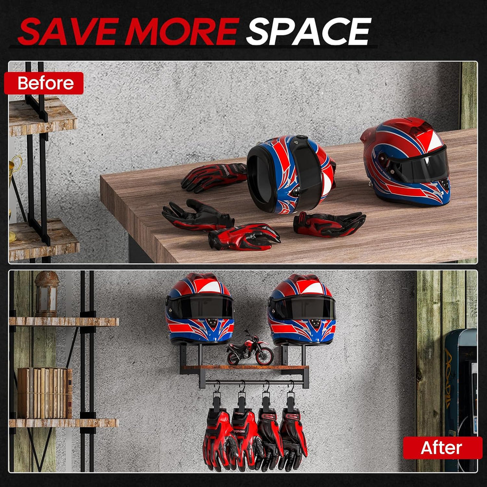 Automotive Helmet Holder Wall Mount, Solid Wood and Metal Helmet Rack with 4 ...