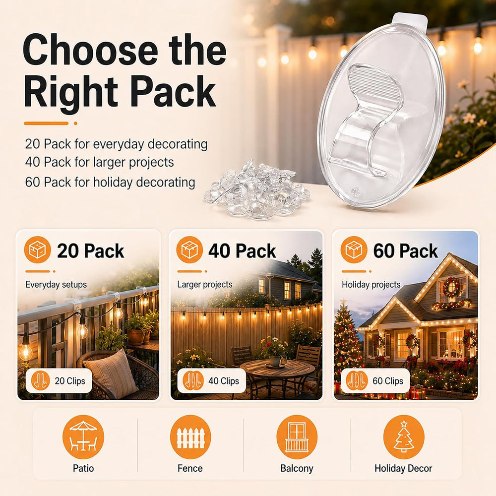 Christmas Outdoor String Lights Hooks - 60Pcs Clips 3X Stronger Adhesion