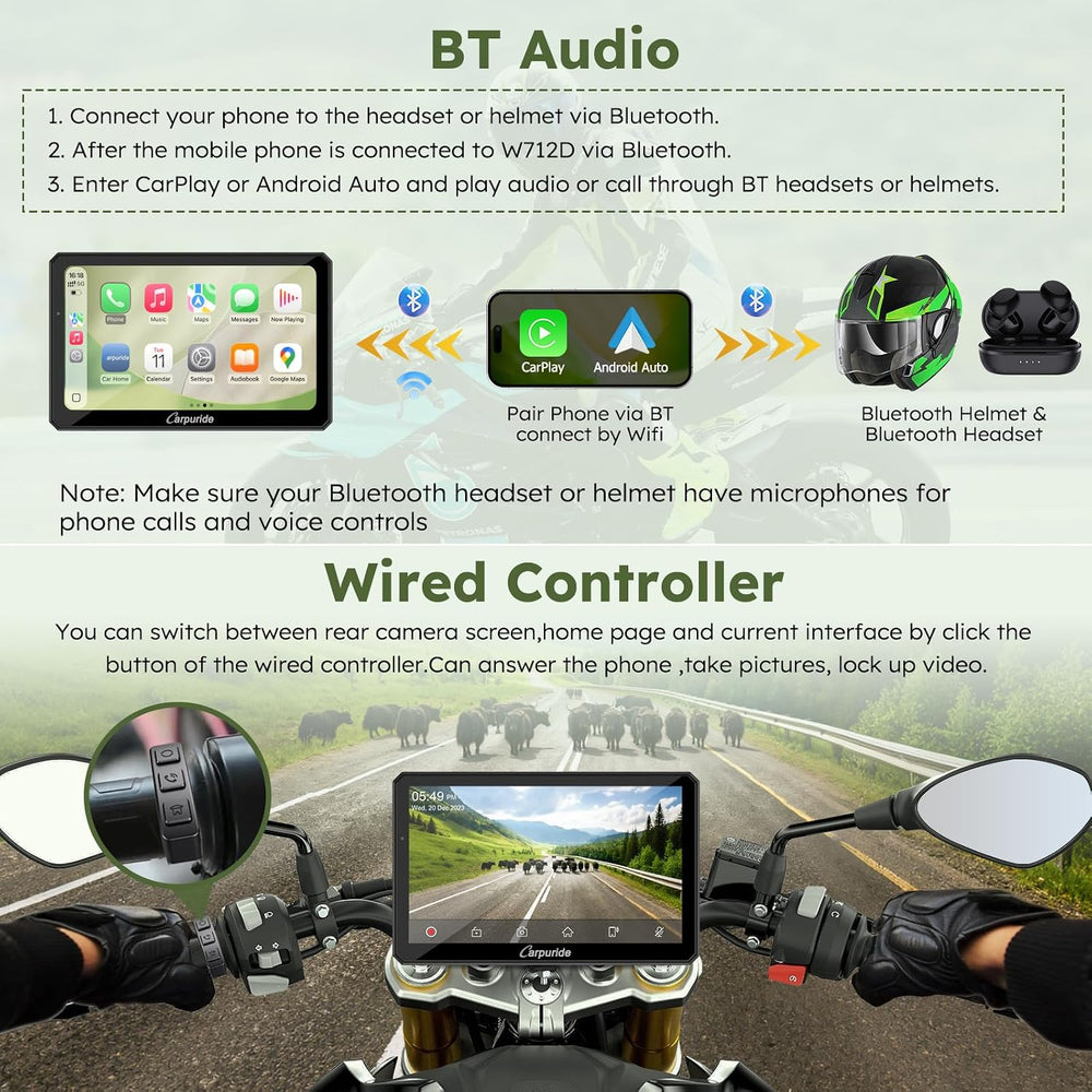 Carpuride W712DT 7" for Motorcycle CarPlay & A-Auto & TPMS &...